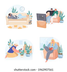 People spend weekend at home concept scenes set. Man relax on sofa, couple watches tv, woman planting or reading book. Collection of people activities. Vector illustration of characters in flat design