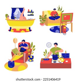 People spend weekend at home set concept with people scene in the flat cartoon style. People stayed at home for the weekend to do all the household chores. Vector illustration.