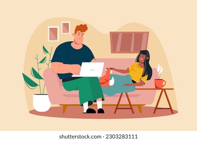 People spend weekend at home yellow concept with people scene in the flat cartoon style. A young couple decided to stay at home for the weekend and relax together. Vector illustration.