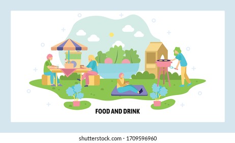People spend weekend in a park having picnic. Family leisure time, outdoor meal. Summer holiday. Vector web site design template. Landing page website illustration.