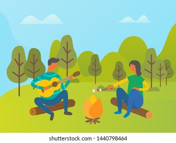 People spending free time in forest vector , man and woman gathered around bonfire. Male playing musical instrument guitar and female roasting food