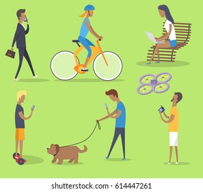 People spending free time in park vector poster with green background. Man talking over phone, girl riding bike, young person sitting on bench, boys walking with dog and playing with quadrocopter