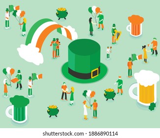People are spending happy time in saint Patrick's day festival, isometric illustration