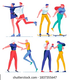 People Spending Leisure, Hobby Flat Cartoon Vector Illustration. Couple Doing Figure Skating on Ice, Girl and Boy Skating Together, Old Man and Woman Hugging, Young Female Characters Boxing in Gloves.