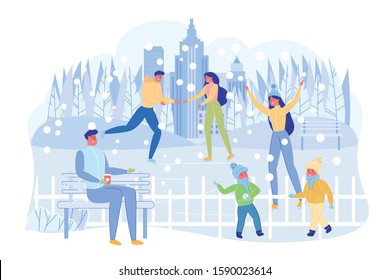 People Spending Leisure Time in Park Actively Flat Cartoon Vector Illustration. Man Drinking Coffee and Looking after Children Having Snowball Fight. Couple in Love under Falling Snow.