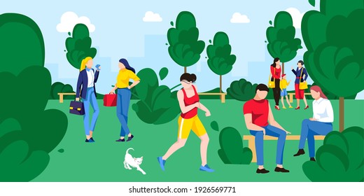 People spending leisure time in summer park. Persons performing leisure outdoor activities, doing sports, meeting, dating, walking. Pastime on nature at city park cartoon vector illustration