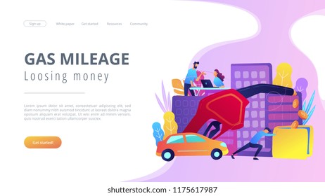 People Spending Money On Using Gas Fuel Cars. Gas Mileage And Losing Money Landing Page. Efficient Green Eco Friendly Engine Technology, Violet Palette. Vector Illustration On Background.