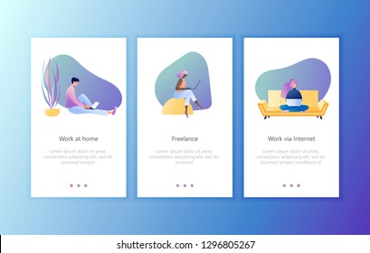 People Spending Their Time Using Computer. Mobile Application Onboard Screen Set. Freelance, Work at Home, Technology, Social Networks. Concept Vector Illustration