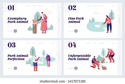 People Spending Time in Animal Park Website Landing Page Set. Leisure in Outdoors Zoo with Wild Animals, Feeding, Playing, Taking Pictures, Sparetime Web Page. Cartoon Flat Vector Illustration, Banner