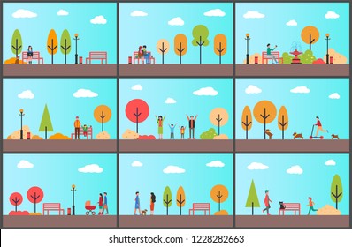 People spending time in autumn park walking together vector. Sunny day good weather to stroll with newborn baby, family with pram. Freelance worker