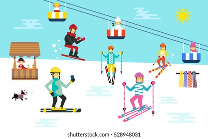 People spending time by skiing outdoor. vector flat design illustration. Winter Holiday theme. National winter holidays. Happy and healthy vacation. Beautiful nature view. 