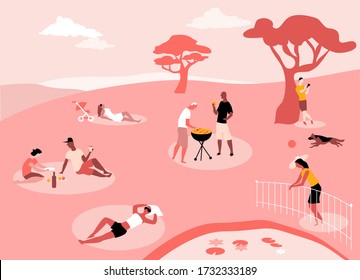 People Spending Time In A City Park In Summer,  Practicing Social Distancing After Reopening, EPS 8 Vector Illustration