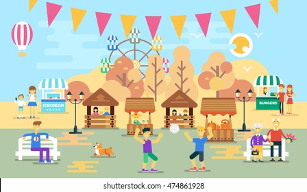 People spending time in the city park vector flat design illustration. Festival theme. National holiday theme. Happy and healthy vacation. Beautiful nature view. 