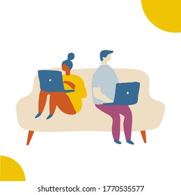 La gente pasa tiempo en la ilustración vectorial plana en casa. Pareja sentada en un г suave con un portátil. Relajación en casa, tiempo libre	
