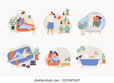 People spending time at home flat vector illustration set. Relaxing at home, leisure time - watering flowers, reading book, resting on couch, taking bath, drinking tea.