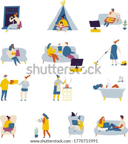 People spending time at home flat vector set isolated on white. Cozy relaxing at home, leisure time	