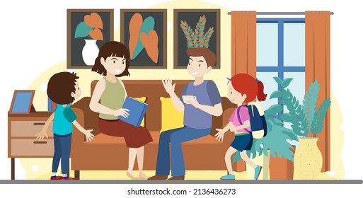People spending time in the living room   illustration