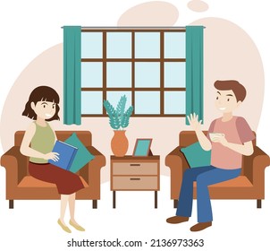People spending time in the living room   illustration