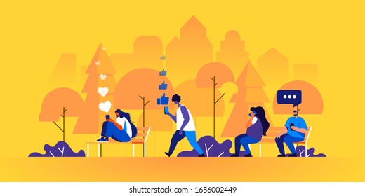 People spending time on social networks using their electronic gadgets or talking on phone in park. Young men and women sending internet messages via smartphones. Flat cartoon vector illustration.