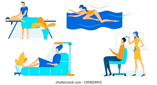 People Spending Time on Weekend Set Isolated on White Background. Visiting Massage Salon, Swimming Pool, Solarium, Barbershop. Characters Leisure, Sparetime Activity. Cartoon Flat Vector Illustration