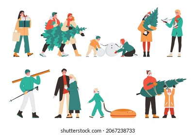 People spending time outdoor in winter set. Characters in warm clothes holding a christmas tree, walking, making a snowman. Cold season and christmas time. Flat vector illustration