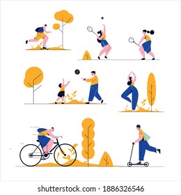 People spending time outside in park performing summer outdoor activities: riding bicycle, doing yoga, playing ball with children. Geometry flat minimalism style. Vector illustration.