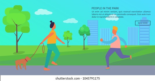 People spending time in park poster with text. Vector illustration of adult woman walking her dog on leash along with adolescent boy inline skating