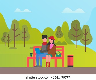People spending time in park vector, couple sitting on bench, man working on laptop and woman having rest. Fair weather, freelancer and girlfriend