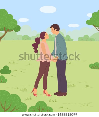 People spending time in park vector, man and woman kissing on first date in park. Forest with trees and meadows, green lawns and bushes summer day