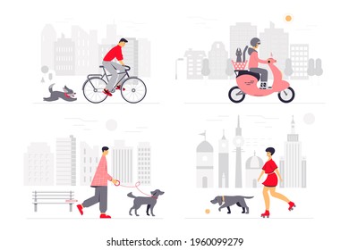 People spending time with pets in the city. Concept of outdoor activities, taking care of pets, babysitting for animals. Vector illustration. Flat style..
