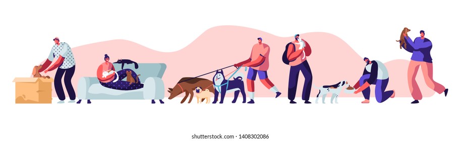People Spending Time with Pets at Home and Outdoors. Male and Female Characters Walking with Dogs, Relaxing with Cats, Leisure, Communication Love, Care of Animals. Cartoon Flat Vector Illustration