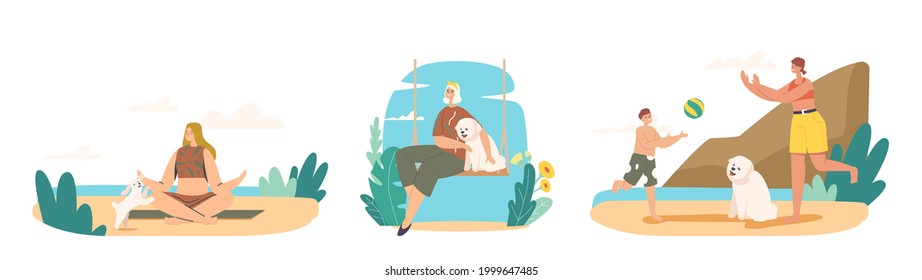 People Spending Time with Pets at Home and Outdoors. Kids and Adult Character Walking with Dogs on Beach or Garden, Leisure, Communication, Love and Care of Doggy Animals. Cartoon Vector Illustration