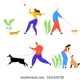 People Spending Time with Pets Outdoors Set. Male and Female Characters Walking and Playing with Dogs, Relaxing Open Air, Leisure, Communication Love, Care of Animals. Cartoon Flat Vector Illustration