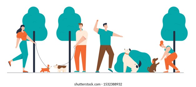 People Spending Time with Pets Outdoors. Male and Female Characters Walking and Training Dogs in Summer Park, Relaxing Leisure, Communication Love, Care of Animals. Cartoon Flat Vector Illustration