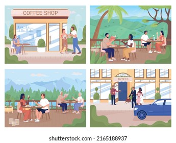 People spending time in public places flat color vector illustrations set. Fully editable 2D simple cartoon characters with city view on background collection. Tapestry Regular, Recursive fonts used