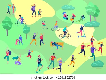 People Spending Time, Relaxing on Nature, family and children performing sports outdoor activities at park, walking dog, doing yoga, riding bicycles, tennis workout. Cartoon vector illustration