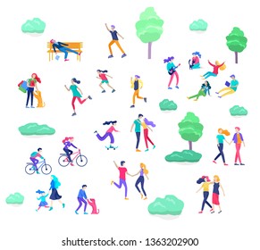 People Spending Time, Relaxing on Nature, family and children performing sports outdoor activities at park, walking dog, doing yoga, riding bicycles, tennis workout. Cartoon vector illustration