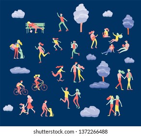 People Spending Time, Relaxing on Nature, family and children performing sports outdoor activities at park, walking dog, doing yoga, riding bicycles, tennis workout. Cartoon vector illustration