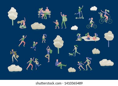 People Spending Time, Relaxing on Nature, family and children performing sports outdoor activities at park, walking dog, doing yoga, riding bicycles, tennis workout. Cartoon vector illustration