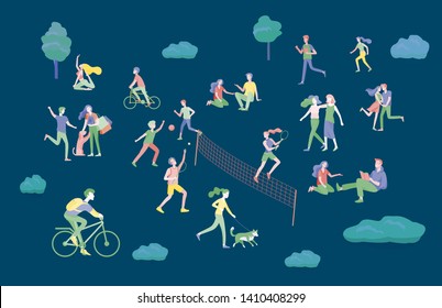 People Spending Time, Relaxing on Nature, family and children performing sports outdoor activities at park, walking dog, doing yoga, riding bicycles, tennis workout. Cartoon vector illustration