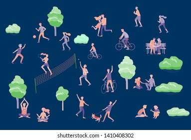 People Spending Time, Relaxing on Nature, family and children performing sports outdoor activities at park, walking dog, doing yoga, riding bicycles, tennis workout. Cartoon vector illustration