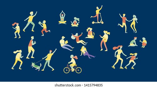 People Spending Time, Relaxing on Nature, family and children performing sports outdoor activities at park, walking dog, doing yoga, riding bicycles, tennis workout. Cartoon vector illustration