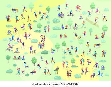 People Spending Time, Relaxing on Nature, family and children performing sports outdoor activities at park, walking dog, doing yoga, riding bicycles, tennis workout. Cartoon vector illustration