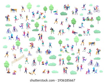 People Spending Time, Relaxing On Nature, Family And Children Performing Sports Outdoor Activities At Park, Walking Dog, Doing Yoga, Riding Bicycles, Tennis Workout. Cartoon Vector