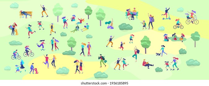 People Spending Time, Relaxing on Nature, family and children performing sports outdoor activities at park, walking dog, doing yoga, riding bicycles, tennis workout. Cartoon vector