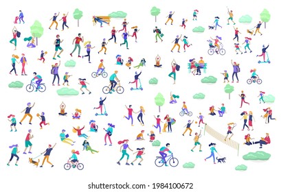 People Spending Time, Relaxing on Nature, family and children performing sports outdoor activities at park, walking dog, doing yoga, riding bicycles, tennis workout. Cartoon vector