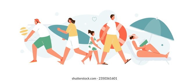 People spending time and relaxing on the beach. Summer activity and leisure. Vector characters