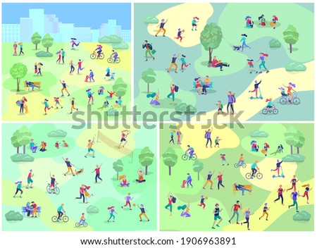 People Spending Time, Relaxing on Nature, family and children performing sports outdoor activities at park, walking dog, doing yoga, riding bicycles, tennis workout. Cartoon vector illustration