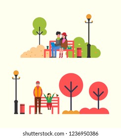 People spending time sitting on red bench in park and family walking near fountain. Woman and man, brother and child, work and rest vector illustration