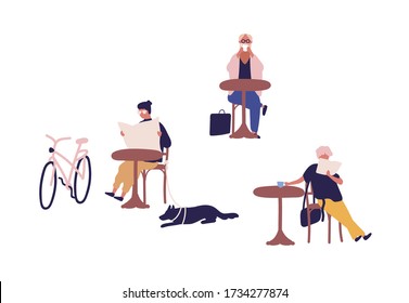 People spending time at street cafe vector flat illustration. Colorful man and woman sit at safety distance in bistro during quarantine isolated on white. Person at coffehouse drink coffee and read